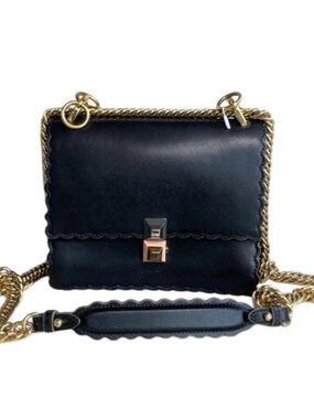 Fendi Black Leather Crossbody with Gold Chain Trim